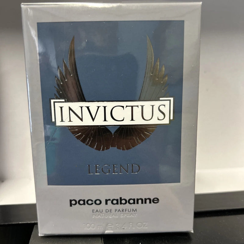 Invictus Legend by Paco Rabanne 3.4 oz eau de parfum box with blue panel and gold text