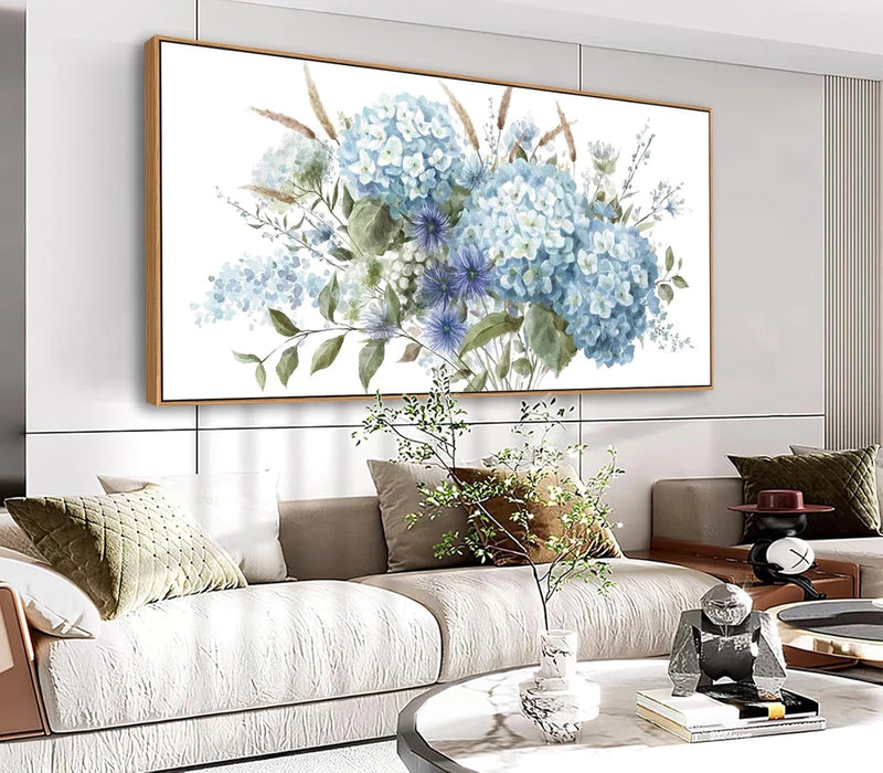 Blue Floral Canvas Wall Art - Hydrangea Decor for Living Room & Office 20"x40 Hydrangea