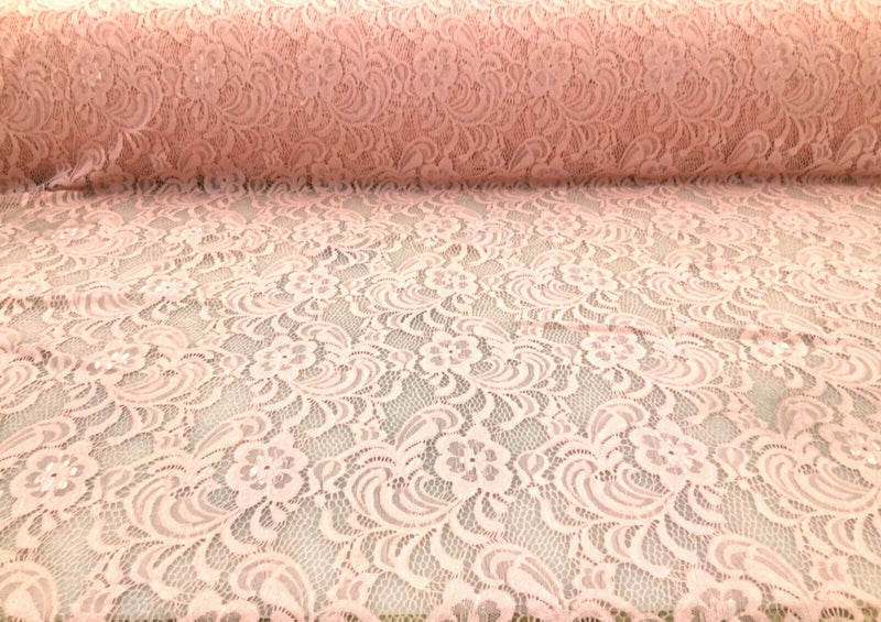 Embroidered Stretch Lace Apparel Fabric Sheer Floral Metallic Light Pink UU212 Flowering Plants