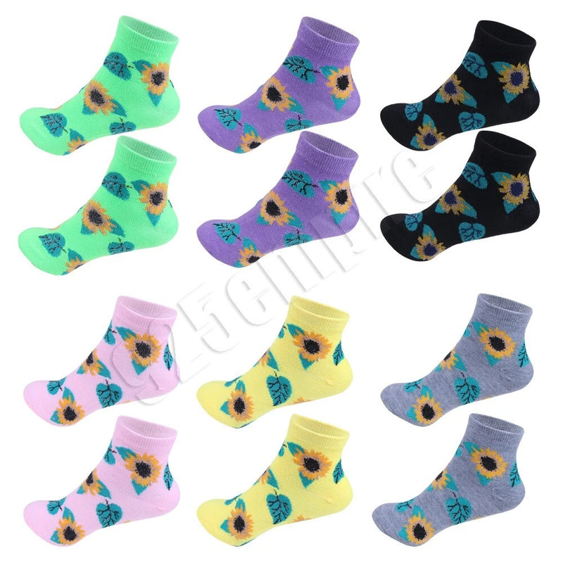 6 Pairs Women's Lightweight Low Cut Ankle Socks Sunflower Cotton Casual 9-11 Sunflower