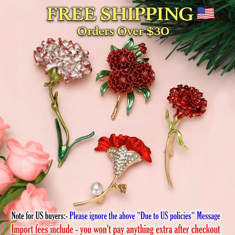 Enamel carnation flower brooch set with red, white blooms, green leaves, and pearl