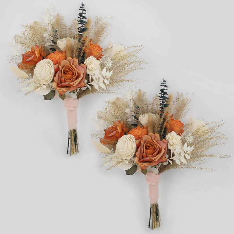 Rinlong 13.7" Wide 2Pcs Fall Wedding Bouquets for Bridesmaids Burnt Orange Dr... Bouquet