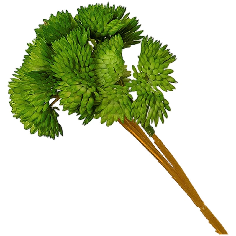 Artificial floral bouquet of green faux leaves on brown stems