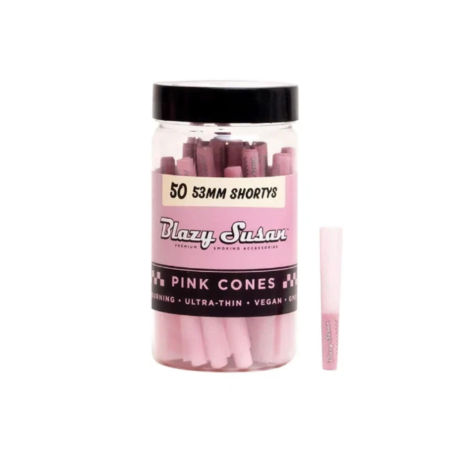 Blazy Susan shorty pink pre-rolled cones jar, 50 count, 53mm, vegan