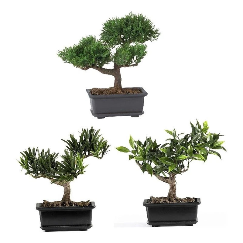 Nearly Natural 8.5" Bonsai Silk Plant Collection (Set of 3) in Green/Black Green Plant