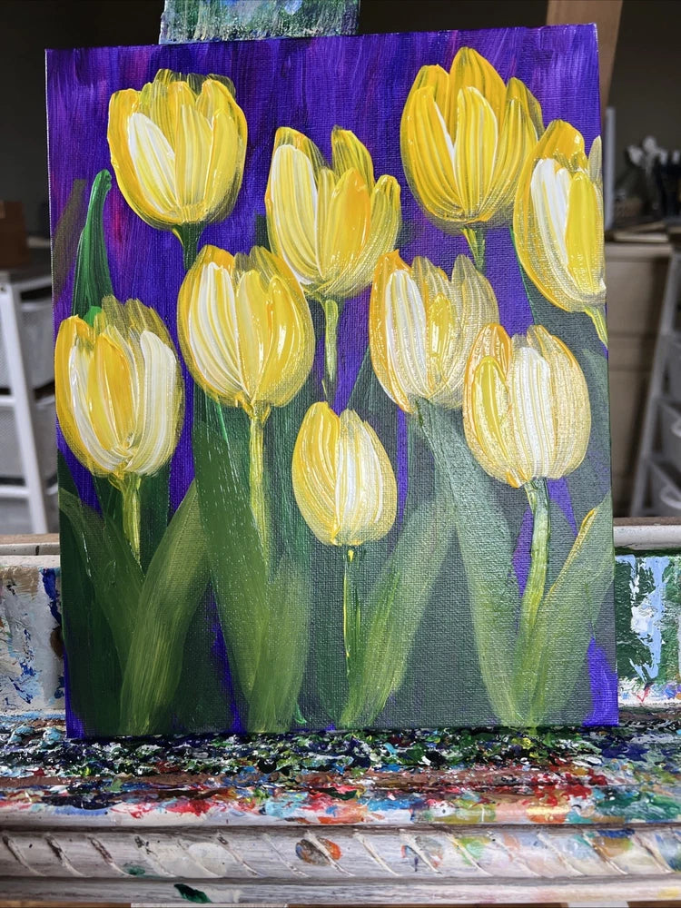 Yellow Tulips abstract Flowers,ranunculus,original Acrylic Painting,8/10 Ranunculus