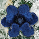 10 Pcs Blue Velvet Christmas Glitter Flowers Magnolia Poinsettia Pick Clip Green Plant