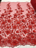 Red 3D Floral Design Embroider With Pearls in a Mesh Lace Fabric, By Yard Flowering Plants