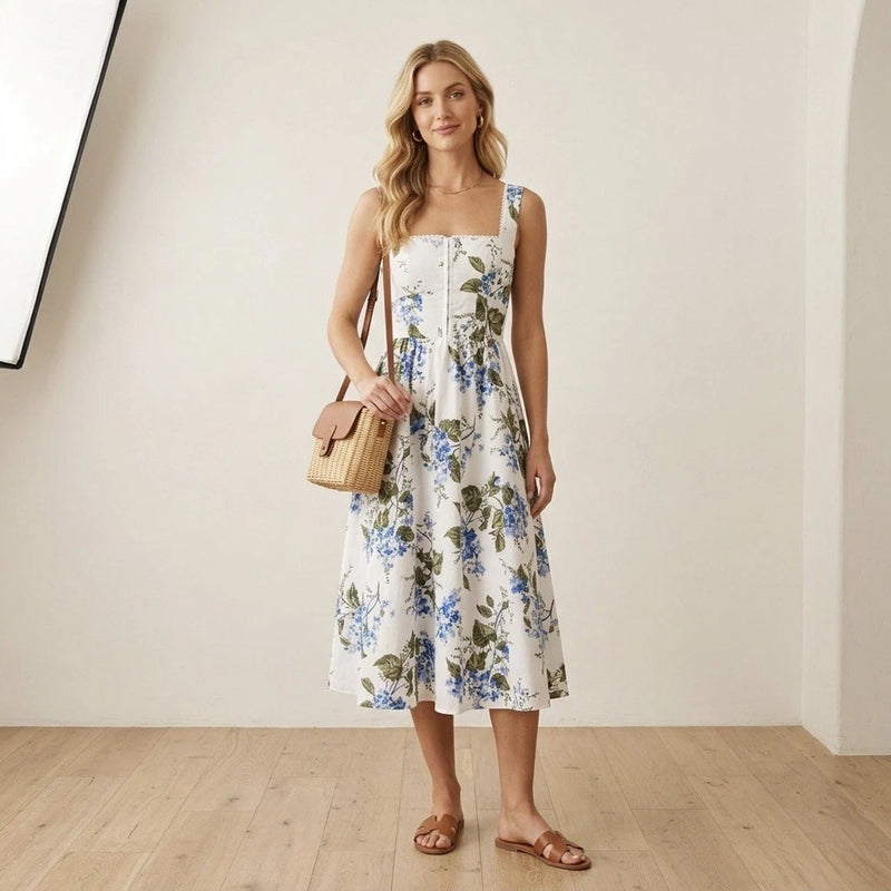 Reformation Tagliatelle Linen Midi Dress In Riviera Hydrangea Floral Print, sz 0 Hydrangea