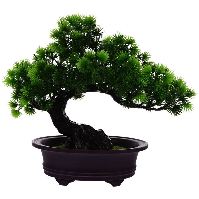 Artificial bonsai pine plant in dark purple round pot with green needle branches