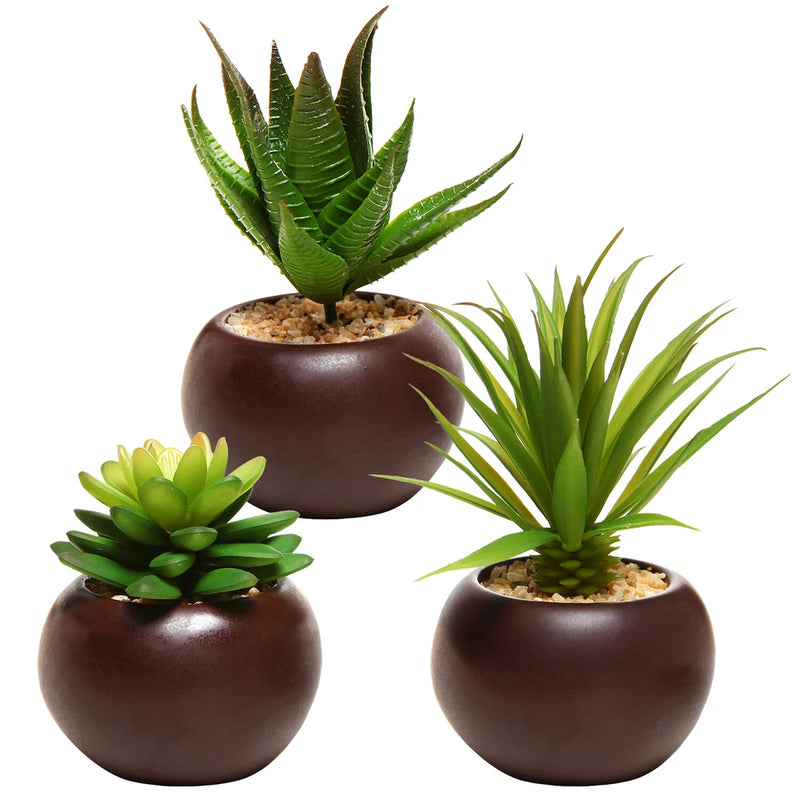 MyGift Set of 3 Potted Artificial Mini Succulent Plants in Brown Green Plant