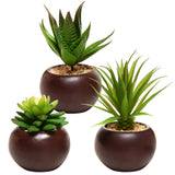 MyGift Set of 3 Potted Artificial Mini Succulent Plants in Brown Green Plant