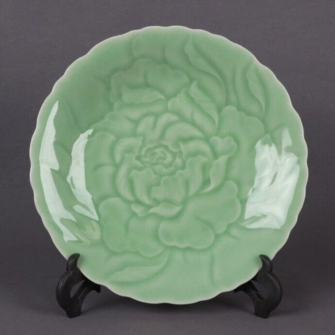 8'' Chinese Ancient Green Glaze Porcelain Peony Flower Pattern Tray Dish Plate Peony