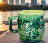 RARE Vintage Pottery Ceramic Hand Painted 3D Green SunFlower 18oz Coffee Mug Cup Sunflower