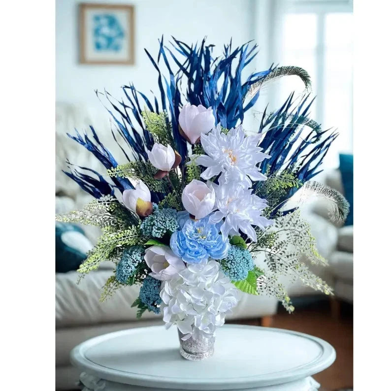 White & Blue Floral Arrangement: Elegant Modern Home Decor, Table Centerpiece Hydrangea