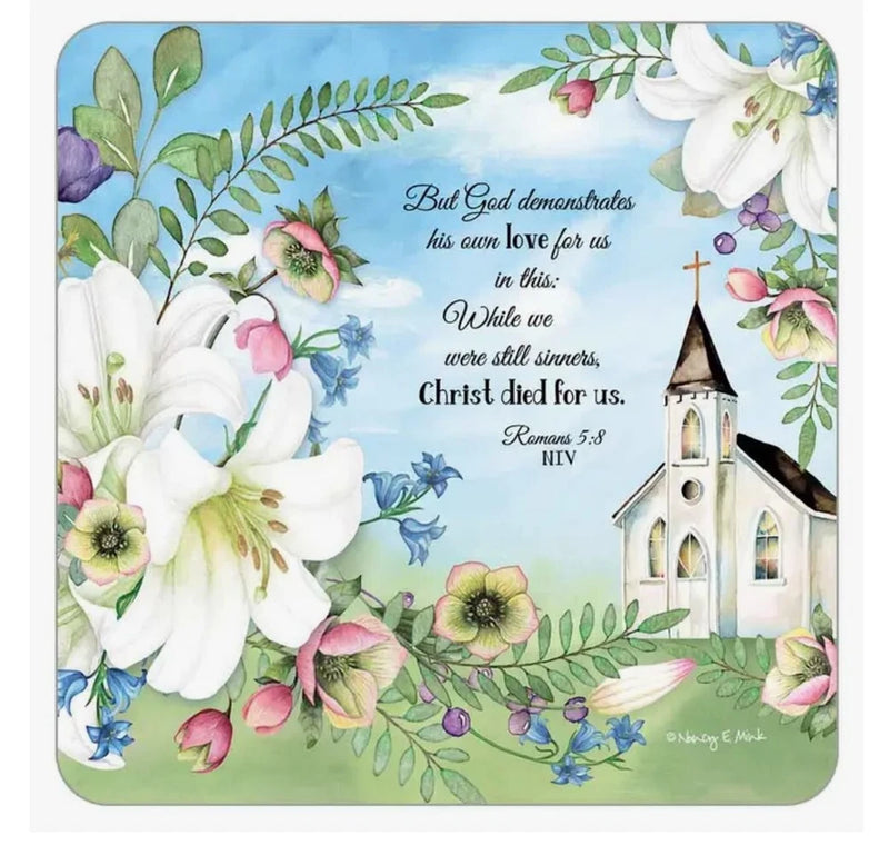 Floral coaster: white lilies, church scene, Romans 5:8 Bible verse