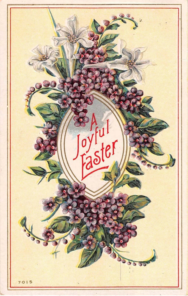 Easter postcard with purple violet and lily floral wreath and red "A Joyful Easter" badge