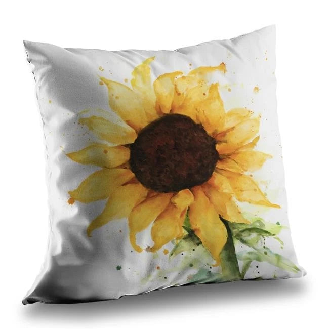 Sunflower decorative throw pillow with white cover and large yellow flower print