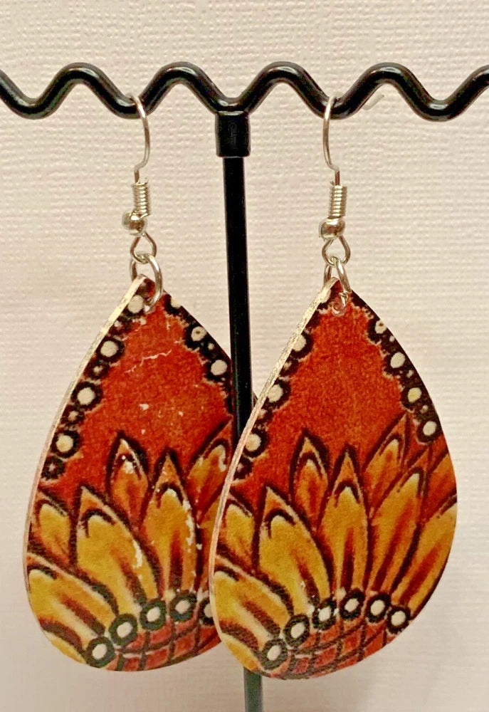 Orange sunflower patterned teardrop dangle earrings with fishhook backs