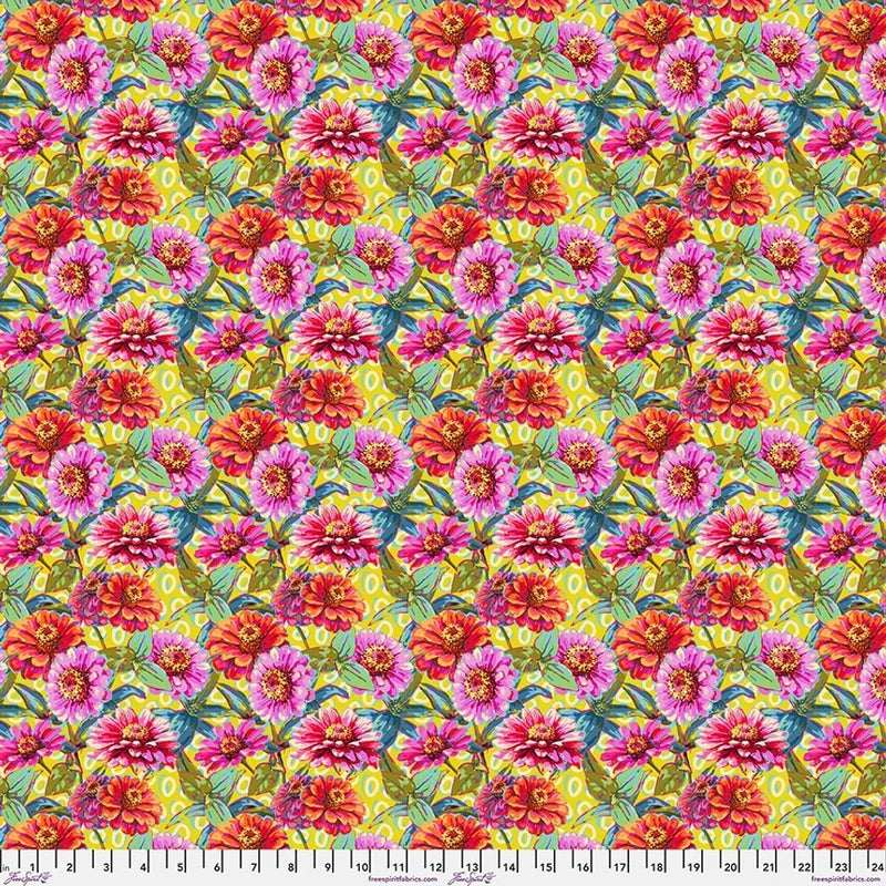 Small Zinnias, Green - Odile Bailloeul, Festival, Quilt Fabric By the Yard Flowering Plants
