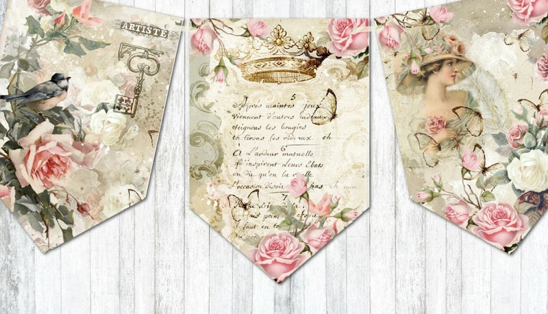 Rose floral bunting banner with pink triangular pennants, vintage shabby chic style
