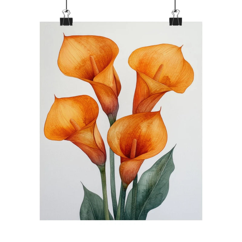 Orange calla lilies flower art print poster with green leaves
