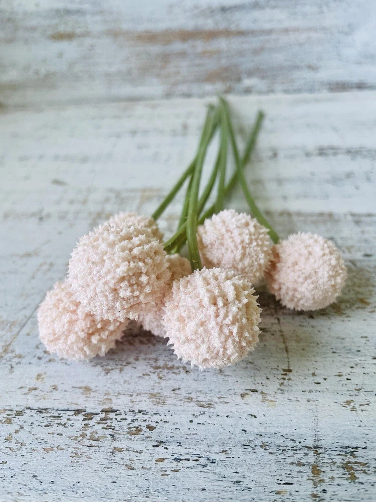 Pink rose bouquet with fluffy ball blooms and green stems
