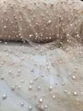 Champagne Beige Beaded Lace Fabric Sold by the Yard Pearls Lace For Veil Dress Flowering Plants