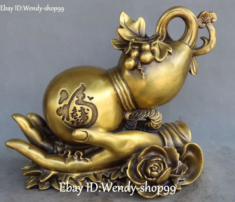 12-inch gold bronze Buddha hand bottle gourd statue with lotus and peony floral details