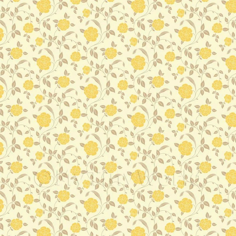 Miniature dollhouse wallpaper with yellow rose and leaf pattern