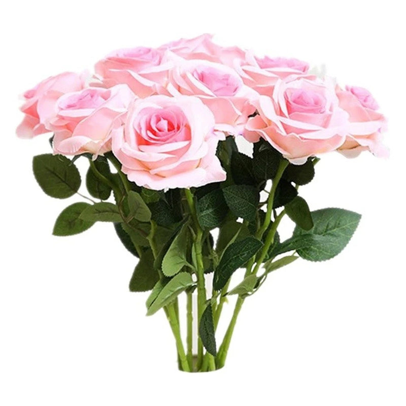 Pink flannel rose bouquet with lifelike molded roses and green leaves