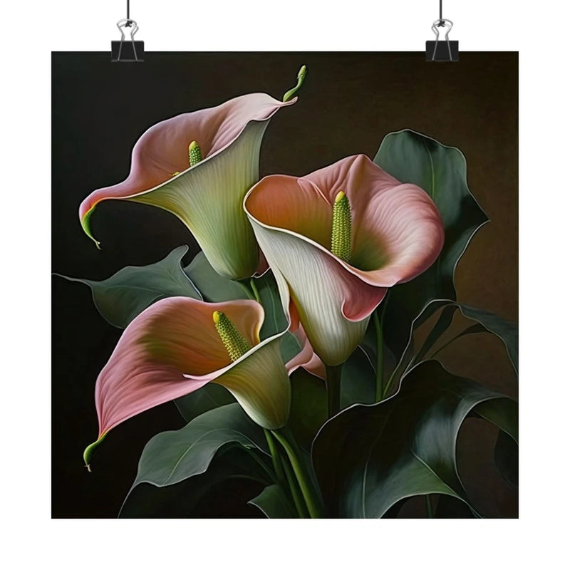 Pink calla lily flower art print with three pink blooms and green leaves