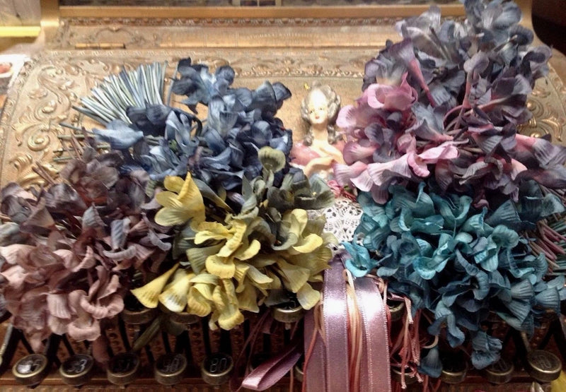 Vintage silk millinery flower bouquet with pastel fabric blooms and ribbon ties