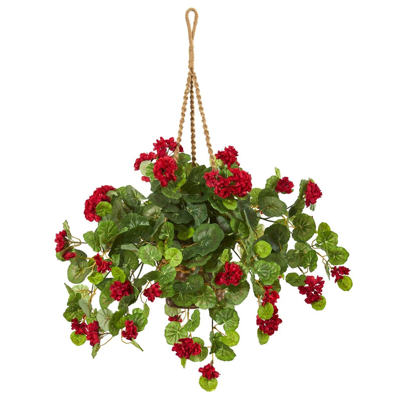 Geranium Artificial Plant In Hanging Basket Realistic Nearly Natural 27Ó Decor Green Plant