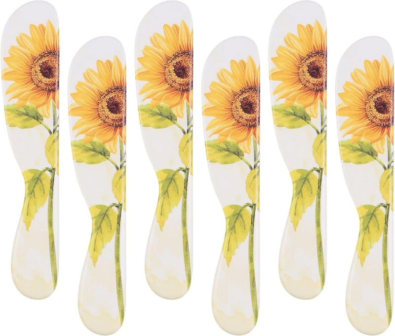 Sunflower cheese spreader set: white melamine spreaders with yellow flower print