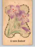 A votre Bonheur Purple Lilies Embossed Vintage Postcard Lily