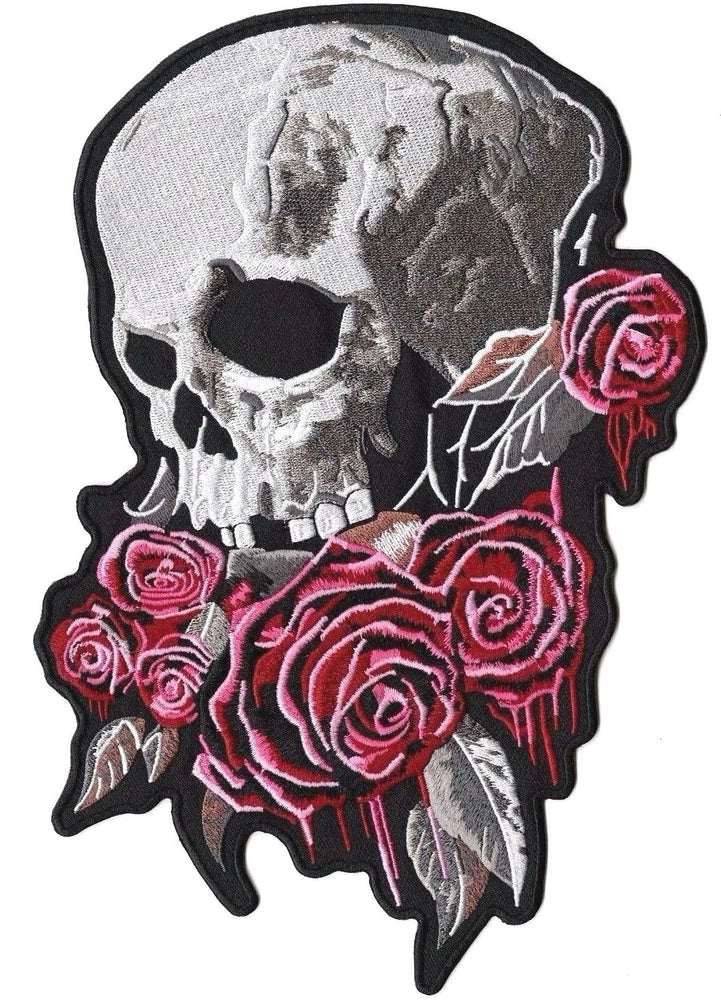 Embroidered half-skull iron-on patch with red and pink roses
