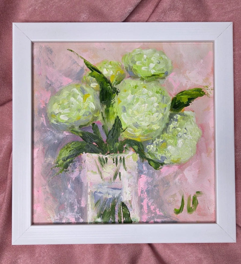 Hydrangeas in Vase Oil Painting 8x8in Original Floral Art Impasto Texture Hydrangea
