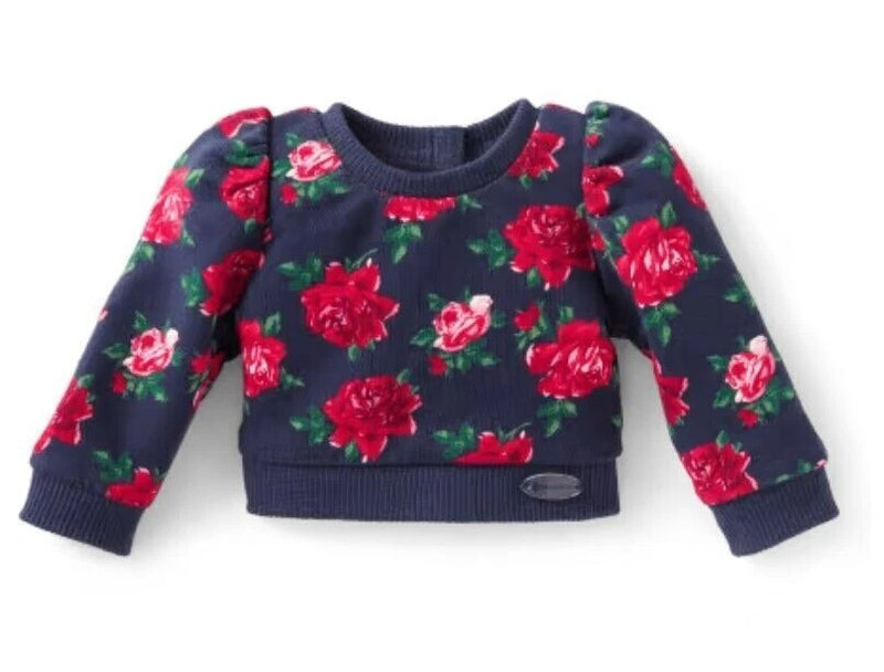 Girls' navy rose-print long-sleeve sweater top with ribbed crew neck and hem