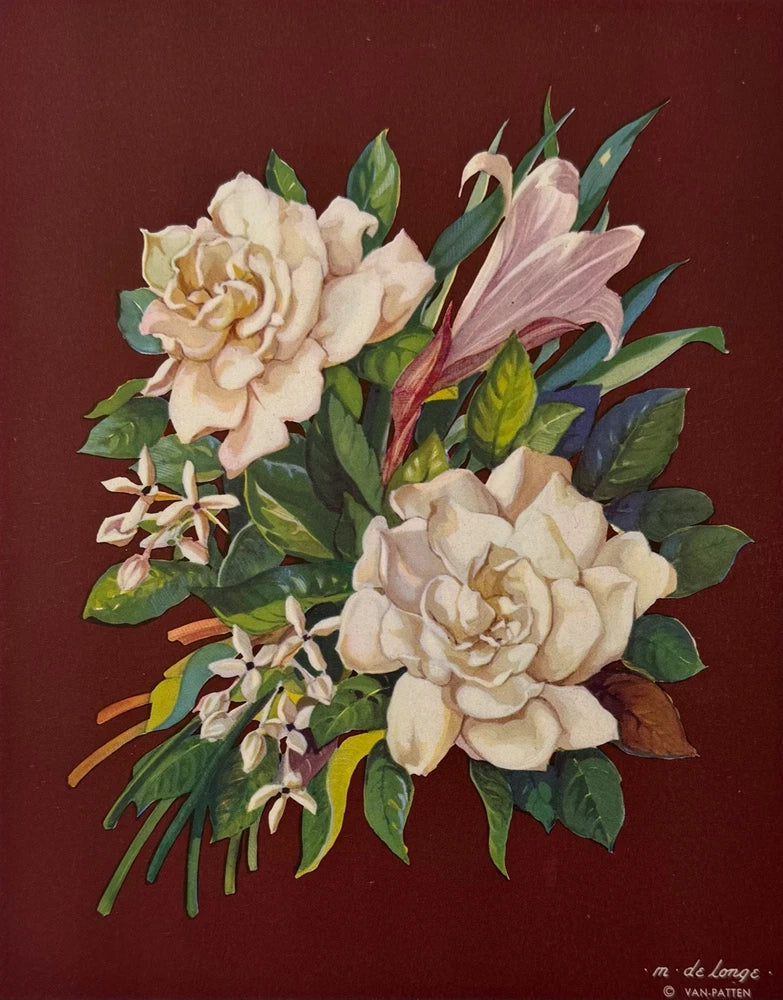 Vintage floral print wall art with white roses, cream blooms, and green leaves