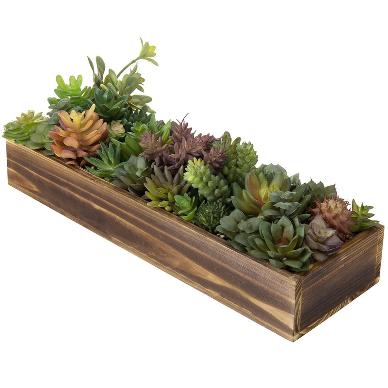 MyGift Faux Assorted Succulent Plant Arrangement in Rustic Brown Wood Planter Green Plant