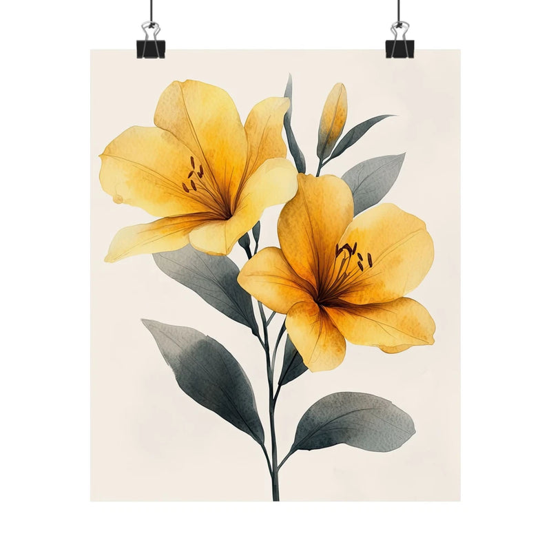 Boho lilies flower art print poster with three yellow blossoms and green leaves