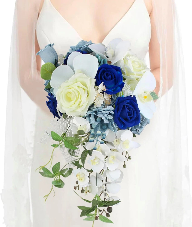 Cascading bridal bouquet with white, blue, and green artificial silk flowers and ribbons