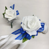 White Rose on Royal Blue Wrist Corsage & Boutonniere Combo Bouquet