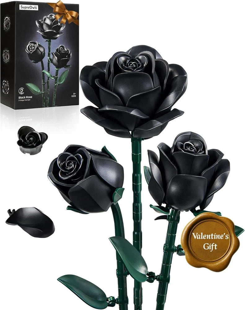 Black rose flower building set with three black blooms on green stems