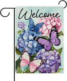 Welcome Spring Summer Hydrangea Butterfly Decorative Garden Flag, Flower Floral Hydrangea