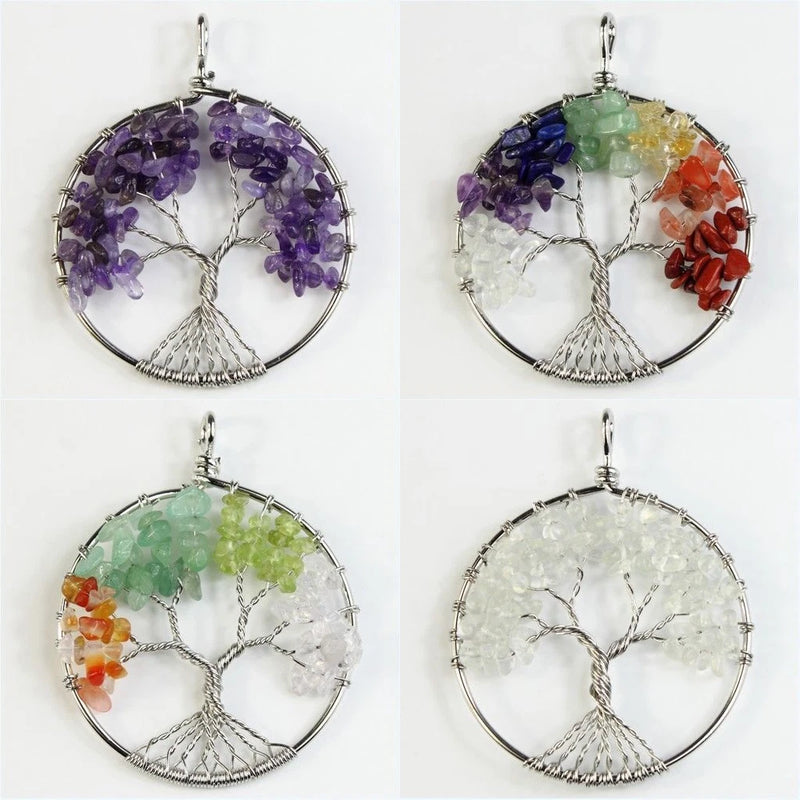 Natural Amethyst Lapis Lazuli Garnet Chip Beads Tree of Life Silver Pendant 50mm Roses