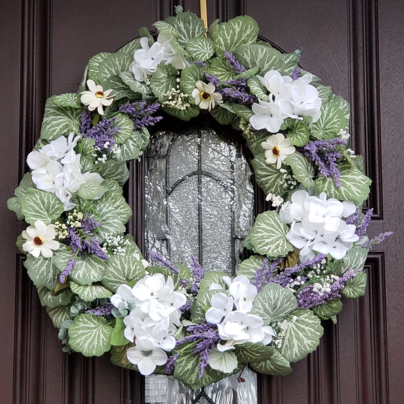 24 Inch Grapevine Summer Wreath, Hydrangeas, Faux Ivy, Floral Door Hung Wreath Hydrangea