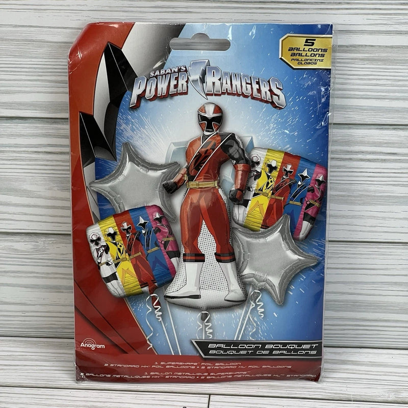 Power Rangers theme 5-piece balloon bouquet in retail package with character and star balloons.