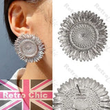 SUNFLOWER 36mm large studs SILVER TONE flowers SUNFLOWERS flower EARRINGS boho Sunflower